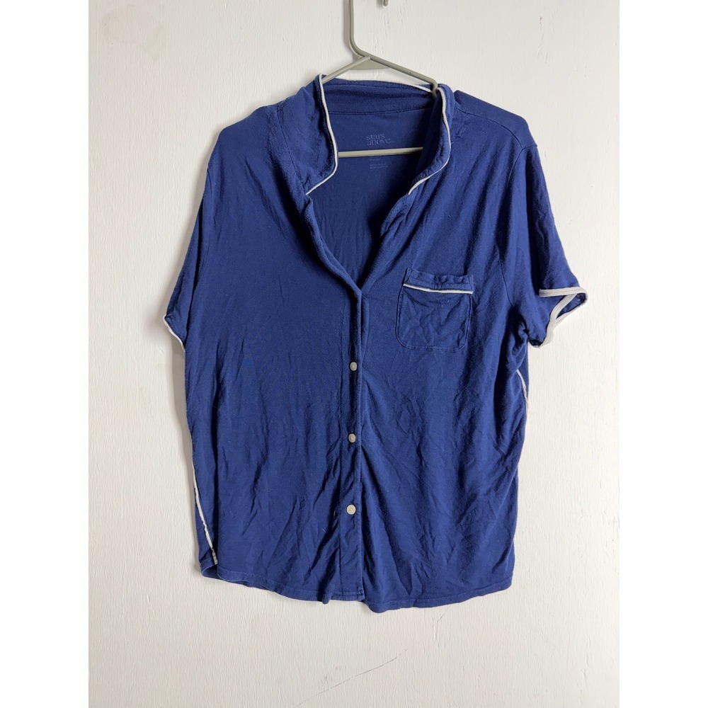 Stars Above Pajama Top Blue Short Sleeve Button Down Sleep Shirt White Piping L